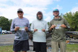 Pictured are the top three anglers in the ABA tournament held at Delaware Lake on August 17 & 18 (L-R) Tony Cannon, 1st place: Dave Slonaker, III, 2nd place; and Seth Brandfass, 3rd place.